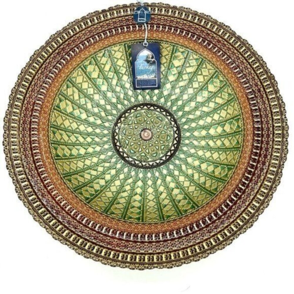 TURKISH GLASS Glass Round Bowl Dinner Display Gold Lace Print 16.2” W 3.25” D